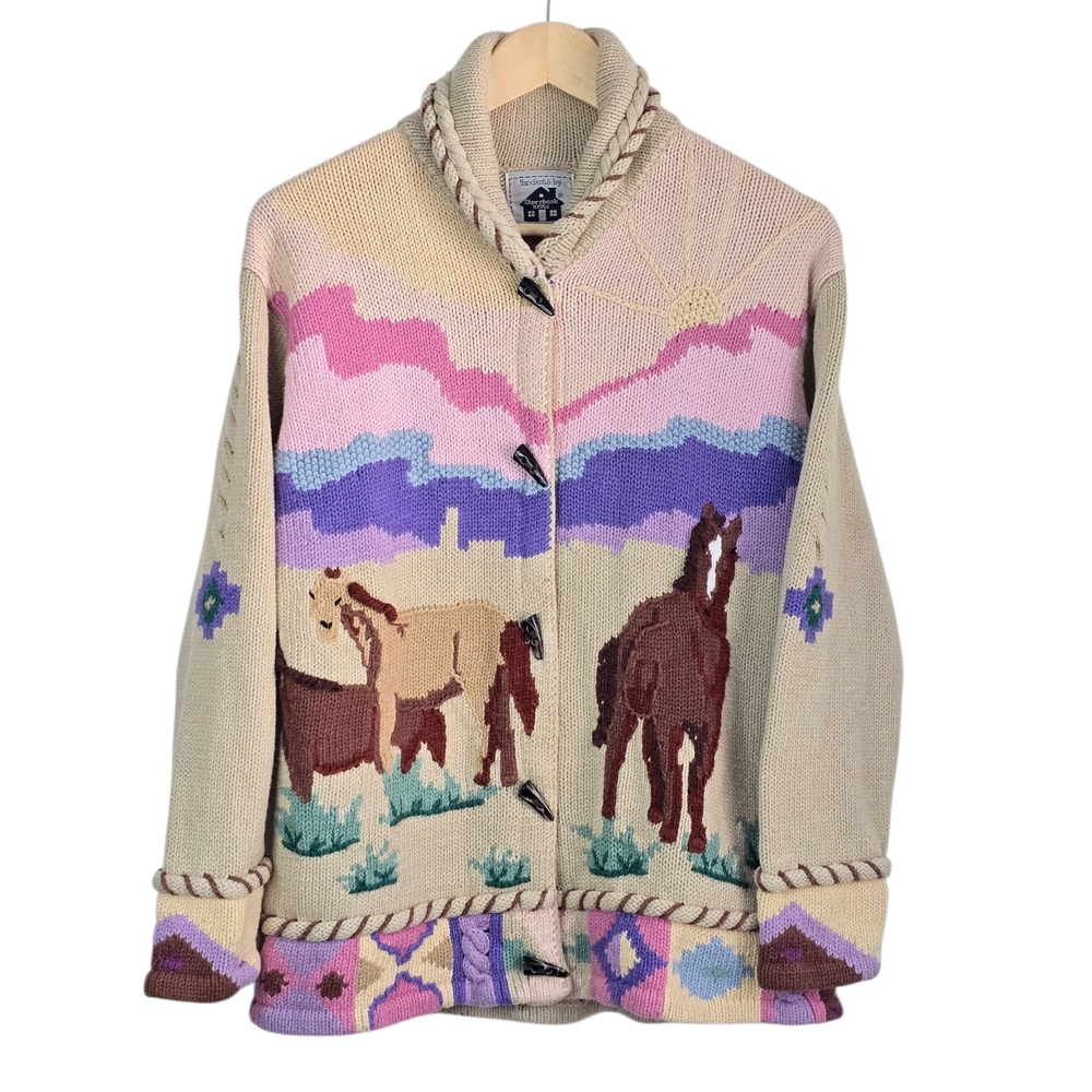*VTG* STORYBOOK KNITS Sunrise Scene Horse Sweater, Vintage Pastel Horse Sweater